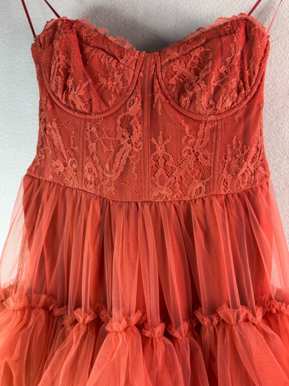 Vici M Strapless Formal Lace Bust Tiered Tulle Maxi Dress in Rusty Rose - Picture 2 of 9